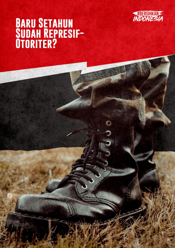 Desain muka laporan dengan gambar sepatu lars tentara.