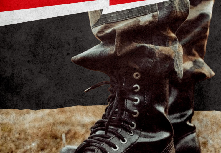 Desain muka laporan dengan gambar sepatu lars tentara.